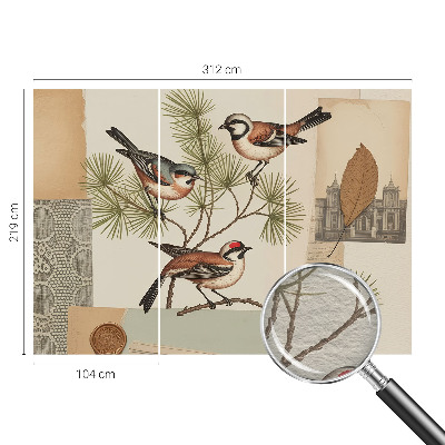 Decorative wall mural for living room with a collage of birds