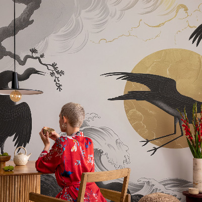 Wall mural with a black cranes design