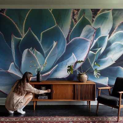 Bedroom wall mural wallpaper with a green aloe design