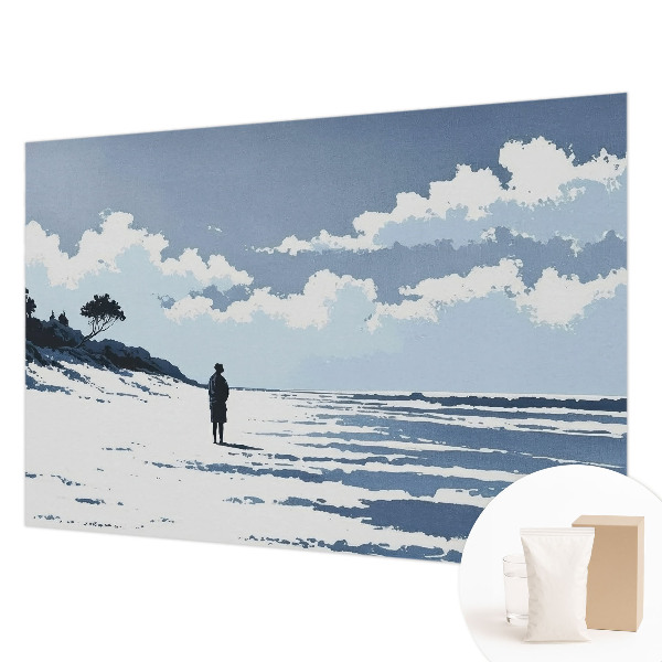 Large wall mural featuring a serene beach scene