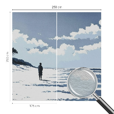 Large wall mural featuring a serene beach scene
