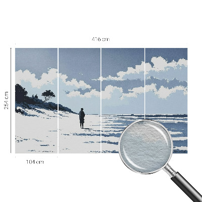 Large wall mural featuring a serene beach scene