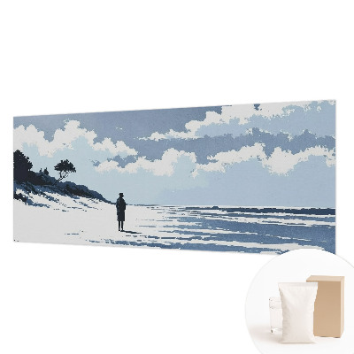 Large wall mural featuring a serene beach scene