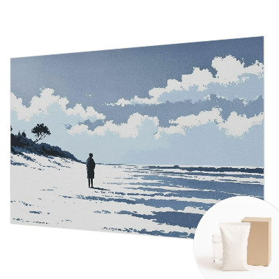 Large wall mural featuring a serene beach scene