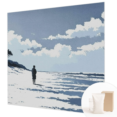 Large wall mural featuring a serene beach scene