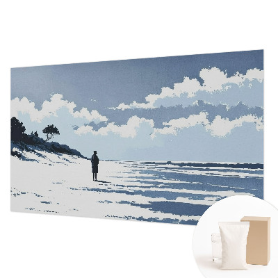 Large wall mural featuring a serene beach scene