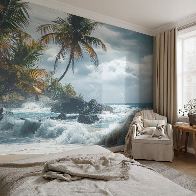 Custom size wall mural with an exotic beach design