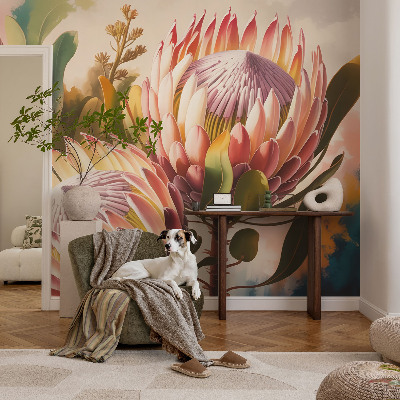 Non-woven photo wallpaper with a protea flower motif