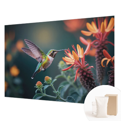 Photo wall mural with a hummingbird and flowers design
