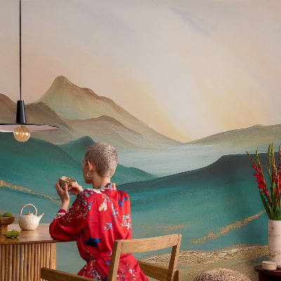 Large wallpaper mural featuring a peaceful landscape
