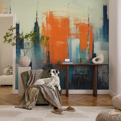 Large wallpaper mural with an abstract city design