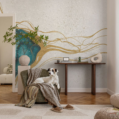 Decorative wall mural for living room with turquoise line pattern