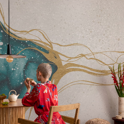 Decorative wall mural for living room with turquoise line pattern