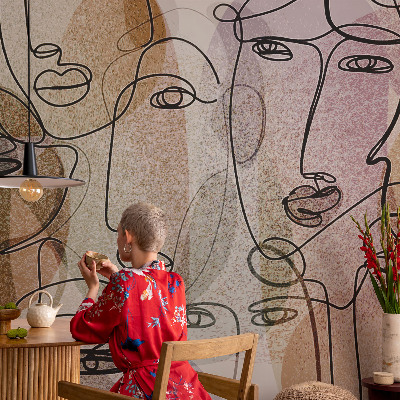 Wallpaper mural for living room with a linear faces design
