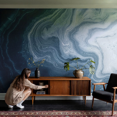 Wall mural for living room with a blue waves design