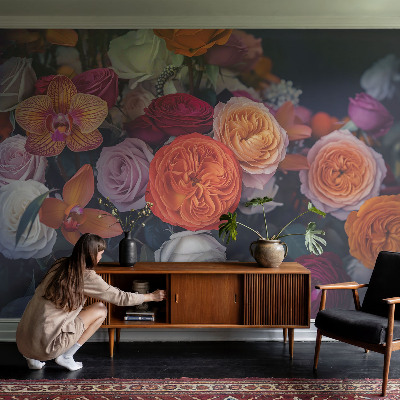 Non-woven wall mural with a colorful bouquet design