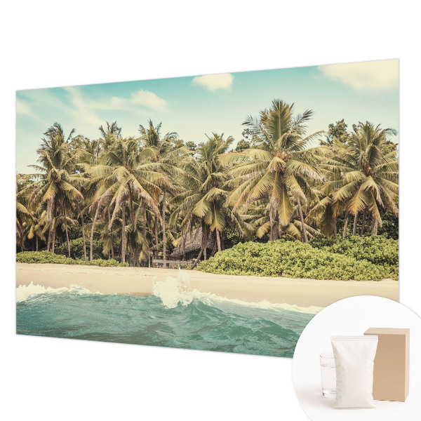 Large wallpaper mural with a tropical beach motif