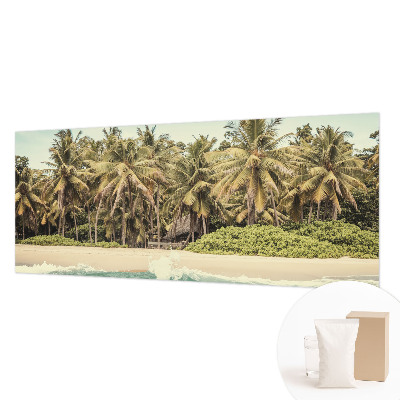 Large wallpaper mural with a tropical beach motif