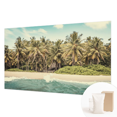 Large wallpaper mural with a tropical beach motif