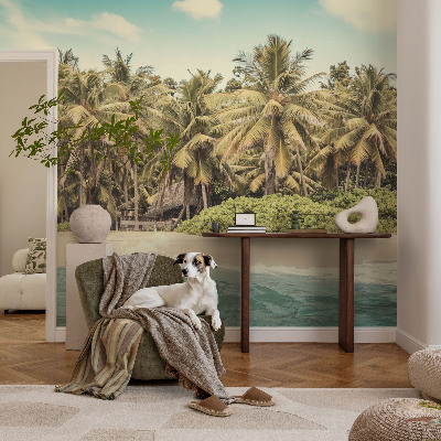 Large wallpaper mural with a tropical beach motif