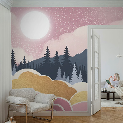 Decorative wall mural for living room with a pink sunset design