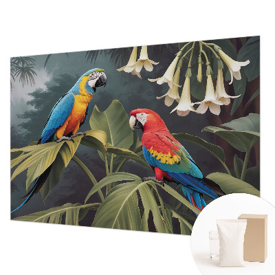 Non-woven wall mural with a colorful parrots design