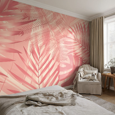 Wall mural for living room with a tropical leaves design