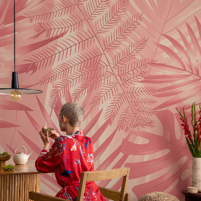 Wall mural for living room with a tropical leaves design