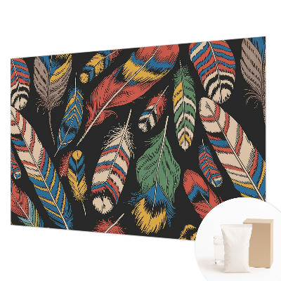 Non-woven wall mural with a colorful feather pattern