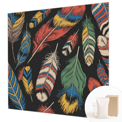 Non-woven wall mural with a colorful feather pattern