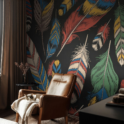 Non-woven wall mural with a colorful feather pattern