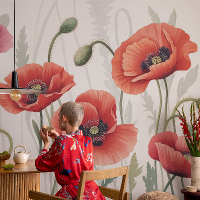 Large wall mural featuring red poppies