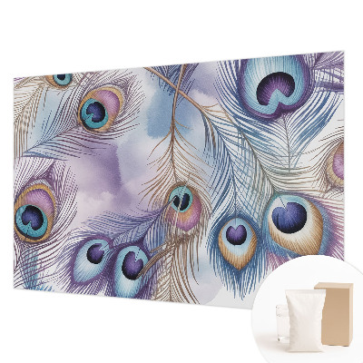 Wall mural for bedroom with a peacock feather motif
