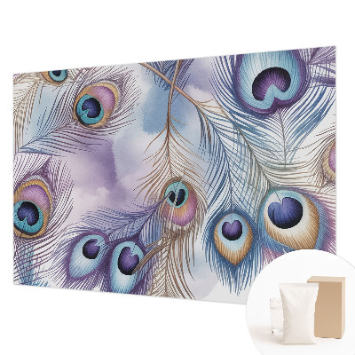 Wall mural for bedroom with a peacock feather motif