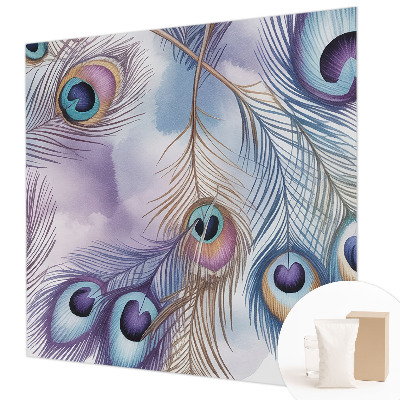Wall mural for bedroom with a peacock feather motif