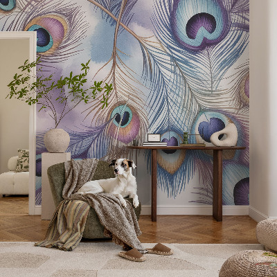 Wall mural for bedroom with a peacock feather motif
