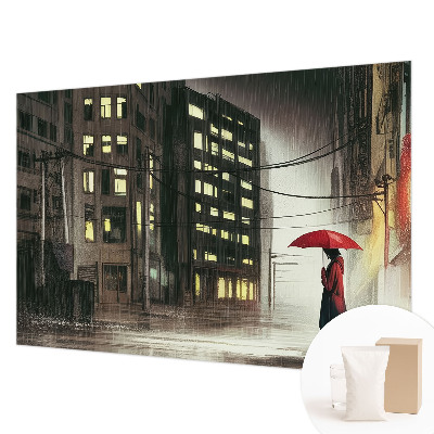 Large wall mural depicting a rainy city scene