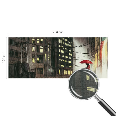 Large wall mural depicting a rainy city scene