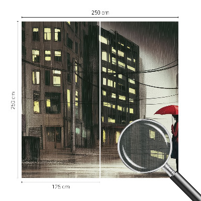 Large wall mural depicting a rainy city scene