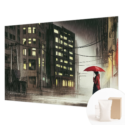 Large wall mural depicting a rainy city scene