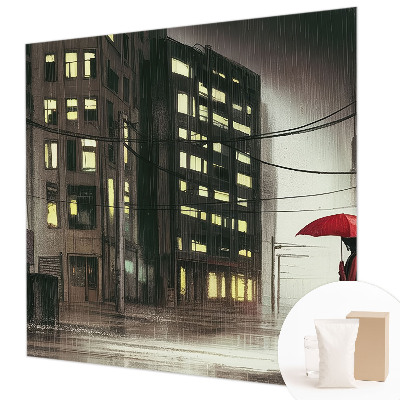 Large wall mural depicting a rainy city scene