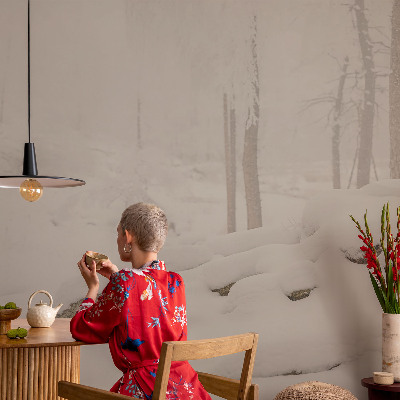 Custom size wall mural with a snowy forest design