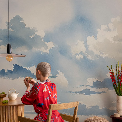 Modern wall mural for living room featuring a heavenly clouds design