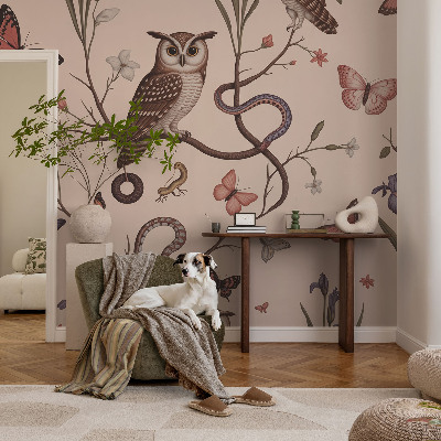 High quality wall mural wallpaper featuring an owl and natural scenery