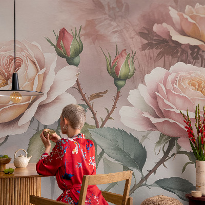 Modern wall mural with a pastel rose pattern