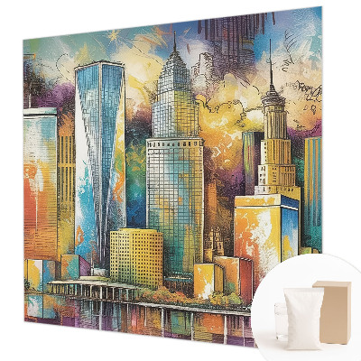 Large wallpaper mural with a city panorama design