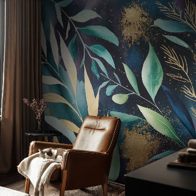 Modern wall mural with a botanical leaves design