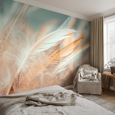 Non-woven photo wallpaper with a delicate feather pattern