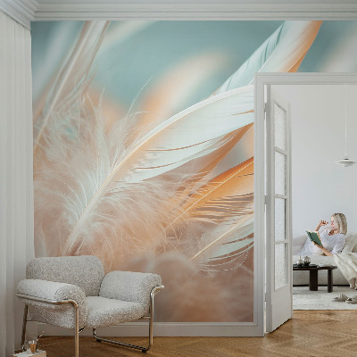 Non-woven photo wallpaper with a delicate feather pattern