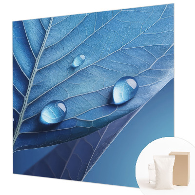 Wall mural for living room with a blue leaf pattern